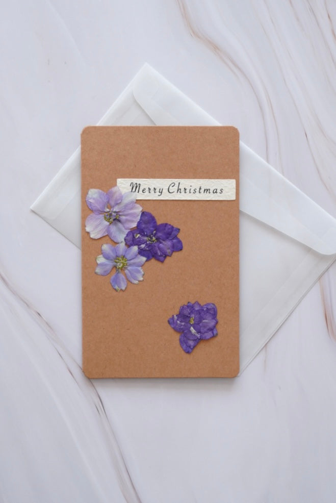 'MERRY CHRISTMAS' Card with Real「Larkspur Flowers」
